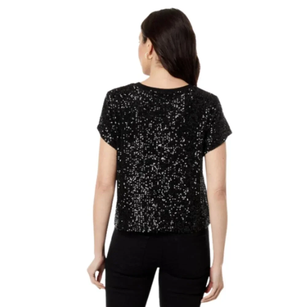Elliot Lauren Black Sequin Short Sleeve Top Women's Size Medium - Picture 6 of 11